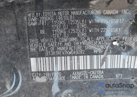 2019 Toyota Rav4 Le z USA, uszkodzony, nr VIN 2T3H1RFV7KW049282